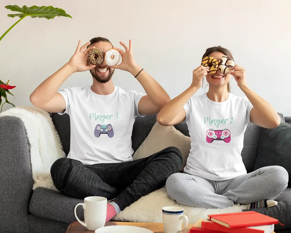 White Player 1 & Player 2 Half Sleeve | Gaming Couple Graphic Tee