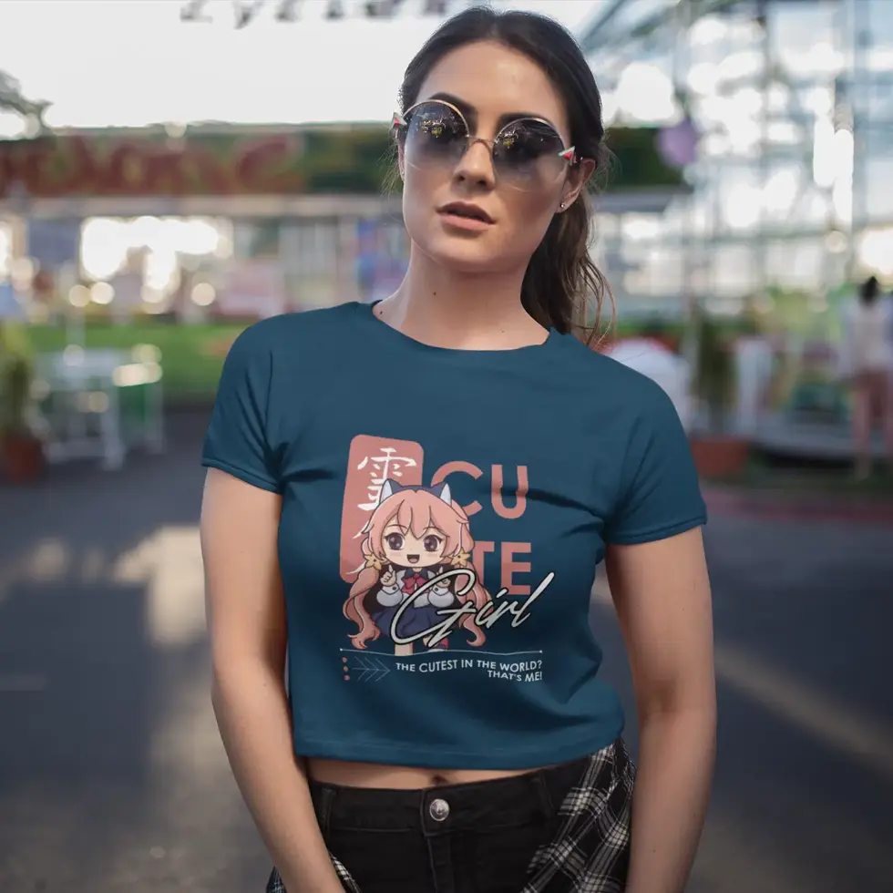 Navy blue Cute Girls Anime Crop Top – Women’s Stylish Graphic T-Shirt