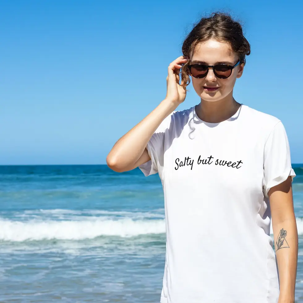White front view Beach Vibes Half Sleeve T-shirt-Shell graphic women's Tee