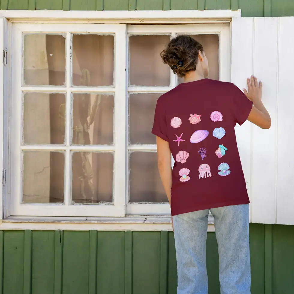 Maroon back view Beach Vibes Half Sleeve T-shirt-Shell graphic women's Tee