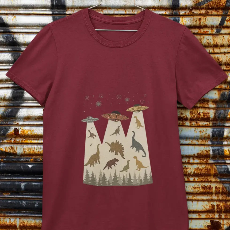 Maroon UFO Alien Dinosaur T-Shirt | Retro Sci-Fi Unisex Half Sleeve Tee