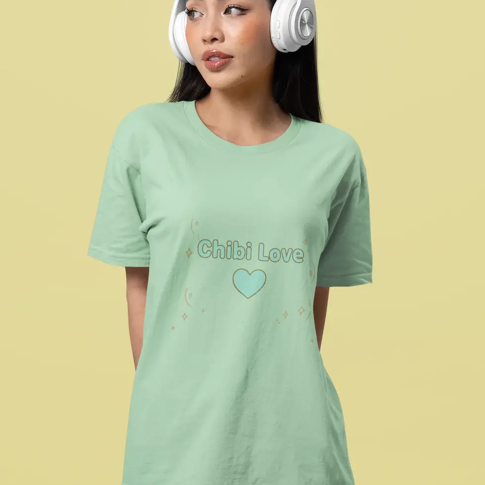 Sage green front view Dreamy Kawaii Chibi Anime Girl Women's Oversized T-Shirt | Chibi Love Back