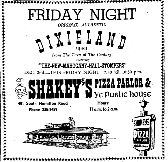 Ad for The New Mahogany Hall Stompers at Shakey's Pizza