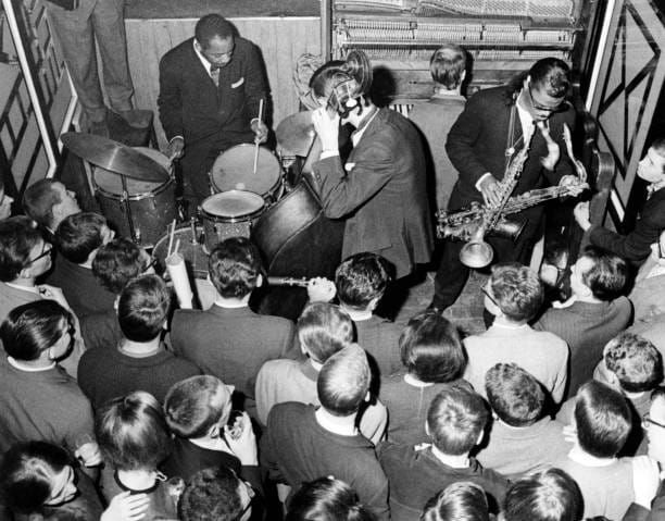 L-R: Kenny Clarke, Pierre Michelot, Georges Arvanitas, Roland Kirk - Essener Jazztage (Essen Jazz Days) April 15, 1961 - Photo: Heinz Ducklau