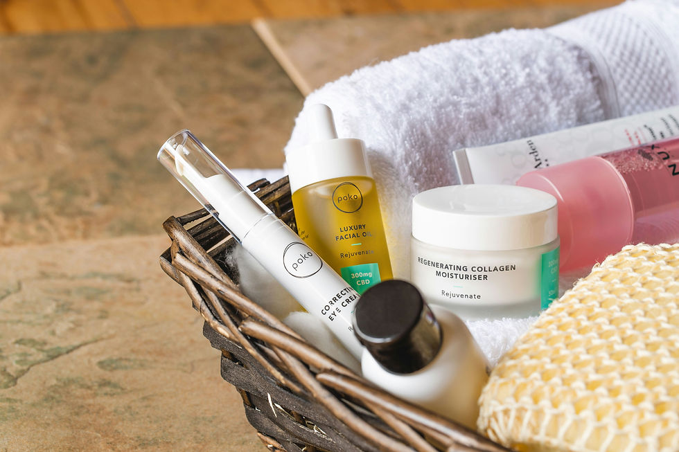 A basket of French skincare products in a bathroom