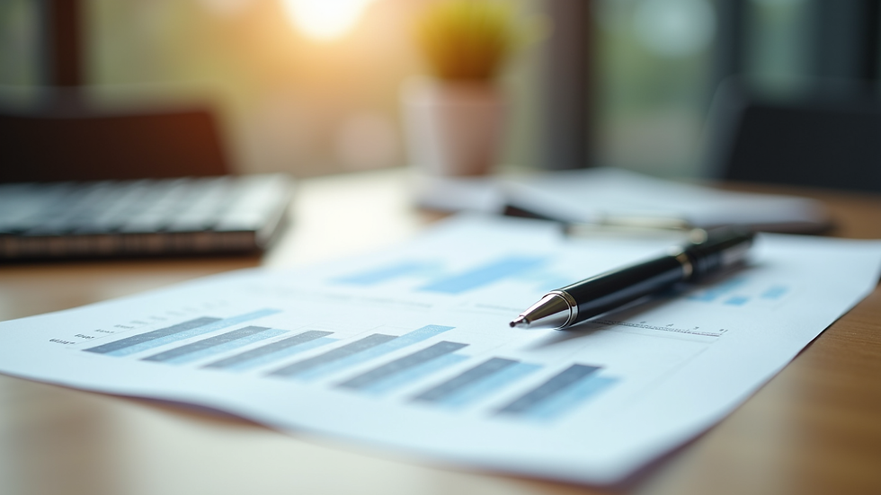 Close-up view of financial report and pen on wooden table