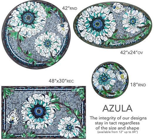 Azula mosaic design, handcrafted tabletops in round, square, and rectangular sizes by KNF Neille Olson Designs