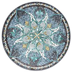Mosaic tabletop, 42-inch round, Ojai Valley design, grey stone blend, by KNF Neille Olson Designs