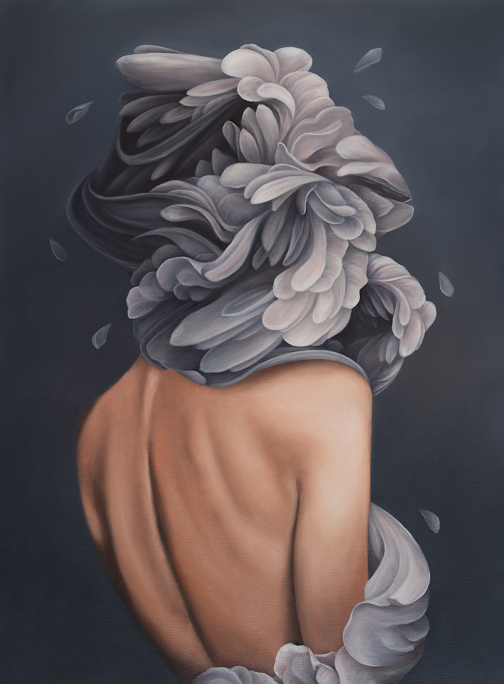 Fine art print of girl with feathers swirling around her head