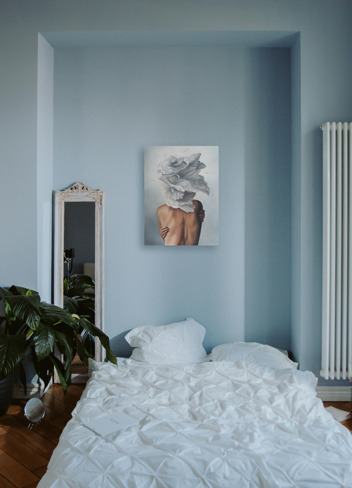 Thumbnail: Oil painting on canvas hanging above bed in blue bedroom
