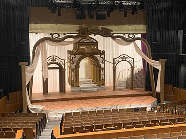 The set for Tartuffe, designed by M.F.A. Scenic Design student Sasha Kuznetsova, is officially constructed by scene shop students on the stage at the Hilberry Gateway.