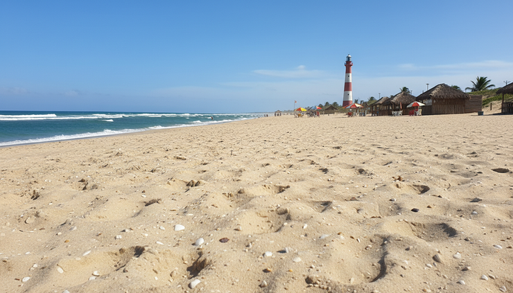 Vista ao nível da areia da praia do Farol de São Thomé em Campos dos Goytacazes