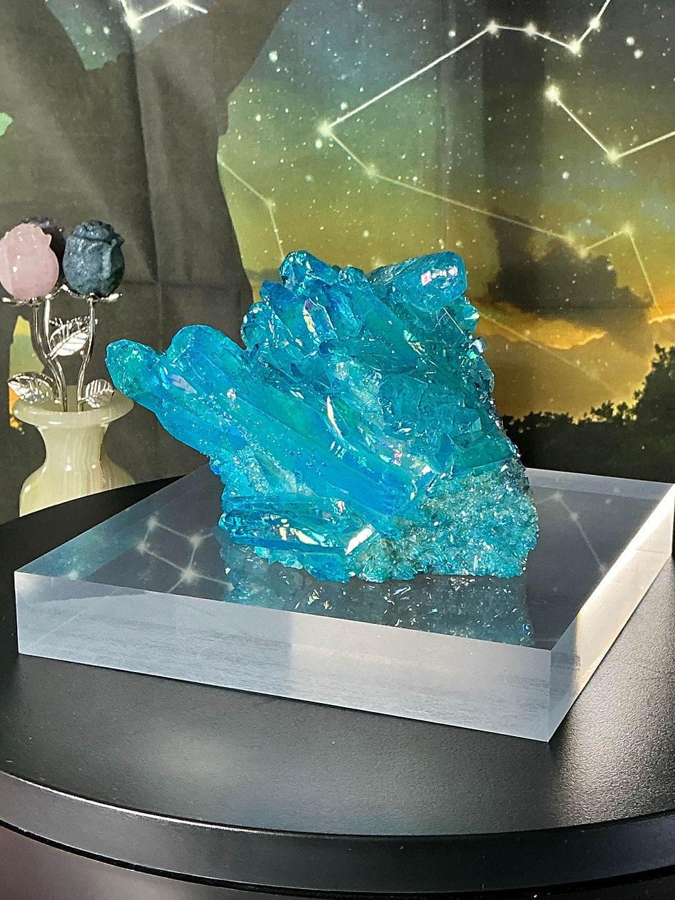 Thumbnail: 🌌 Celestial Ocean Aura Quartz Statement Cluster on Display Stand