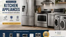 Scratch and dent kitchen appliances including refrigerator, stove, dishwasher, microwave, and washer dryer set.