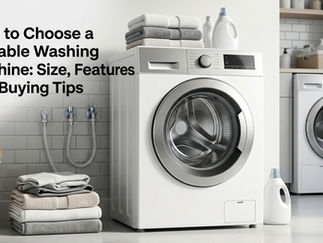 Portable washing machine in a modern compact laundry space.
