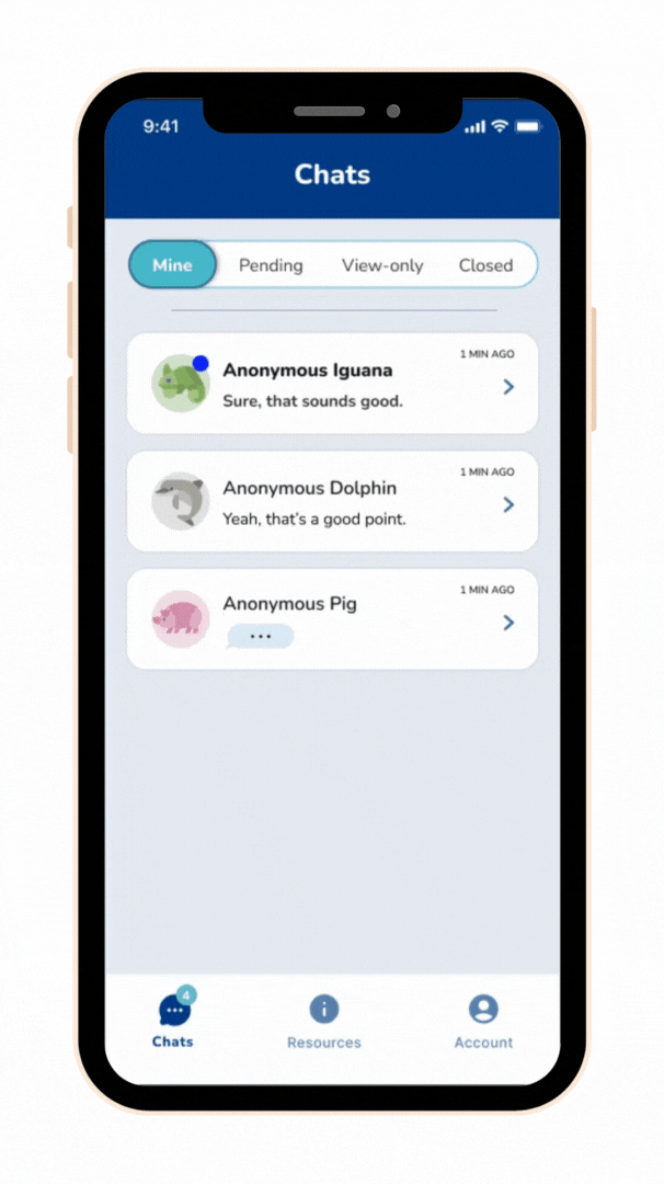 Mobile wireframe GIF depicting chat interface from our Ears app design