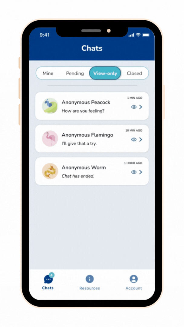 Screens showing shift partner's chats in view-only mode