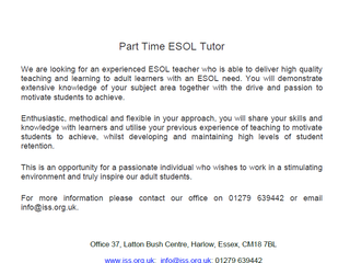 Part-Time ESOL Tutor Vacancy