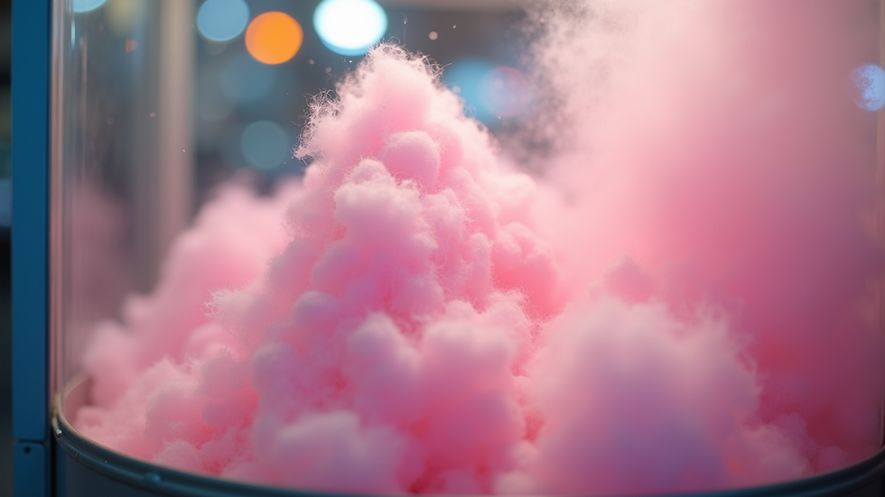 Eye-level view of a cotton candy machine spinning pink cotton candy