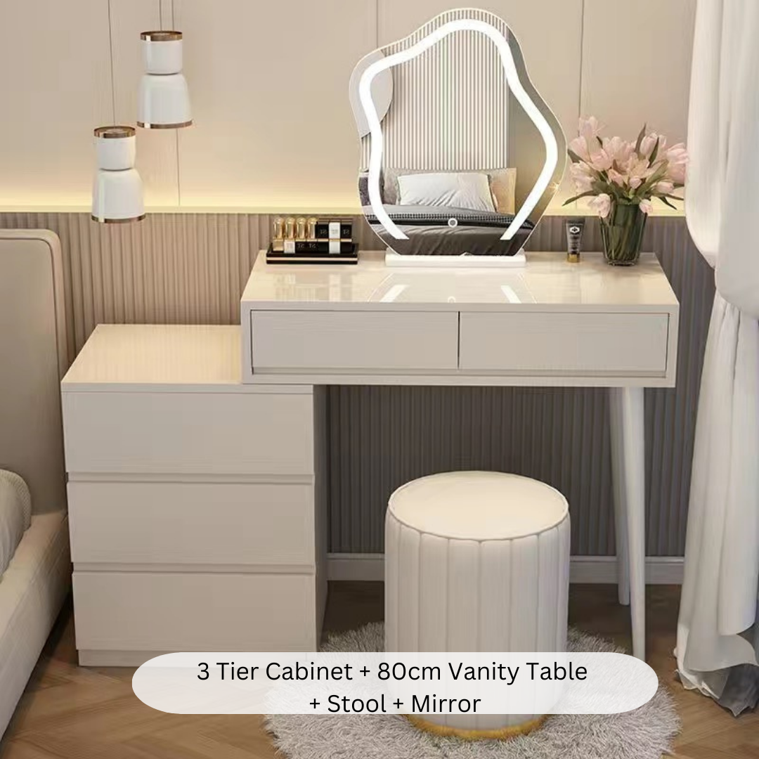 Mina Storage Cabinet + Vanity Table + Stool / Chair + LED Mirror
