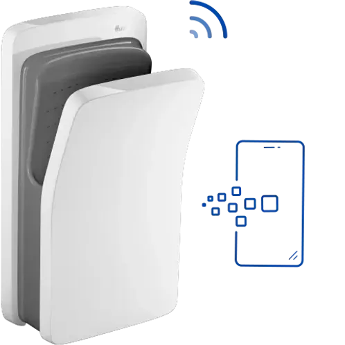 Bijeli automatski sušač ruku s otvorenim poklopcem, detaljan prikaz, čisto.