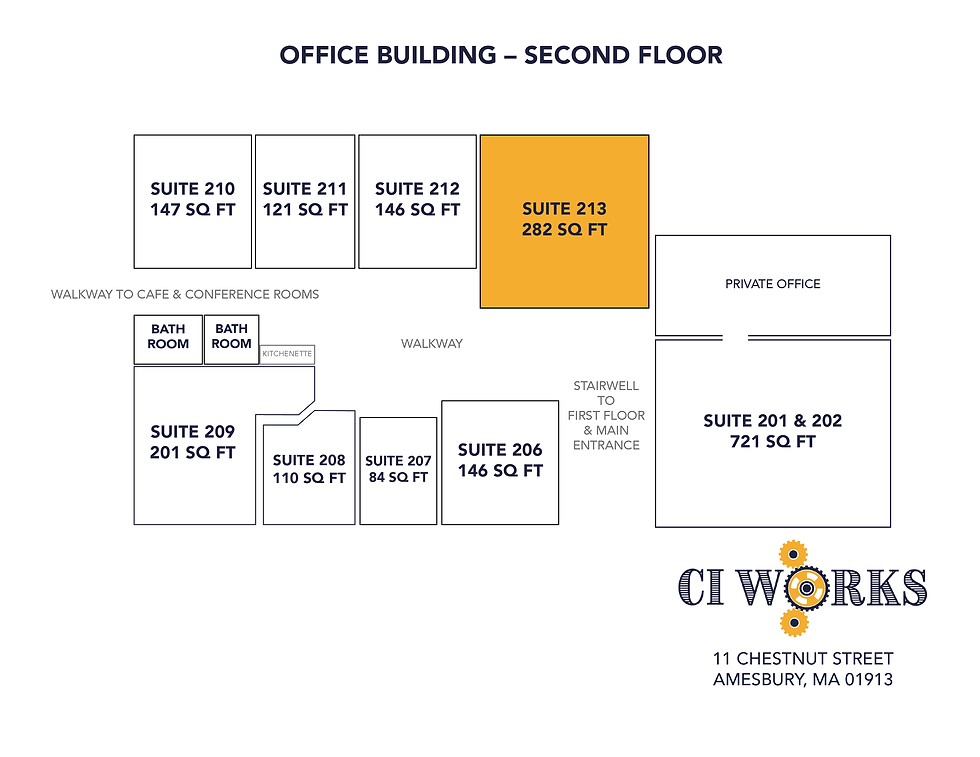 Suite 213 is located on the second floor in a quiet section of private offices nearby our shared meeting space, kitchen, and conference rooms.
