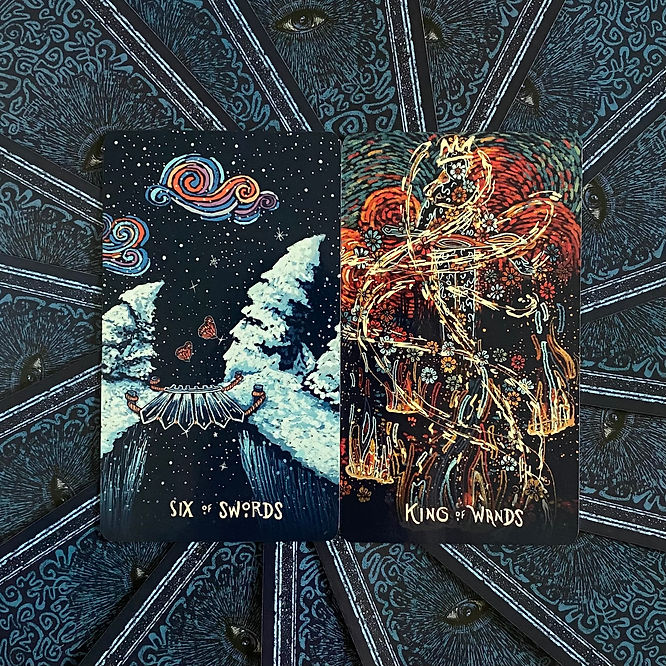 On a blue background with light blue swirls and an open eye, two cards sit in the middle of the picture. The first card is the Six of Swords with a snowy night, snow covered pine trees, and two butterflies crossing a bridge of swords. The second card is the King of Wands and it shows a figure made of glowing energy suspended between blazing fires. The figure controls the energy swirling around him.