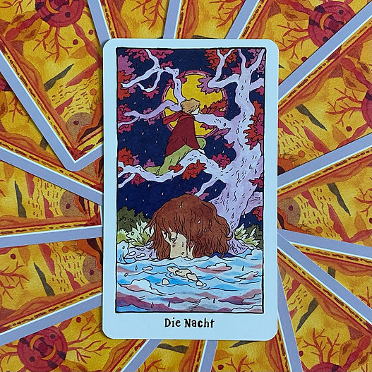 A tarot card with the German words Die Nacht at the bottom which translate to "The Night." A woman's face is half submerged in water with a tree and grass growing behind her. In the tree sits another woman who looks at a full moon and a starry sky.