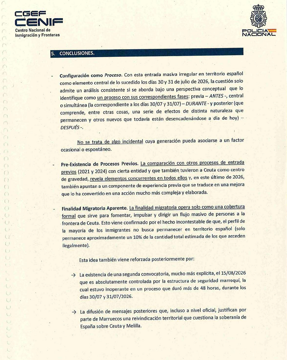 Informe del Centro Nacional De Inmigración y Fronteras (CENIF) sobre la "entrada masiva irregular en Ceuta"