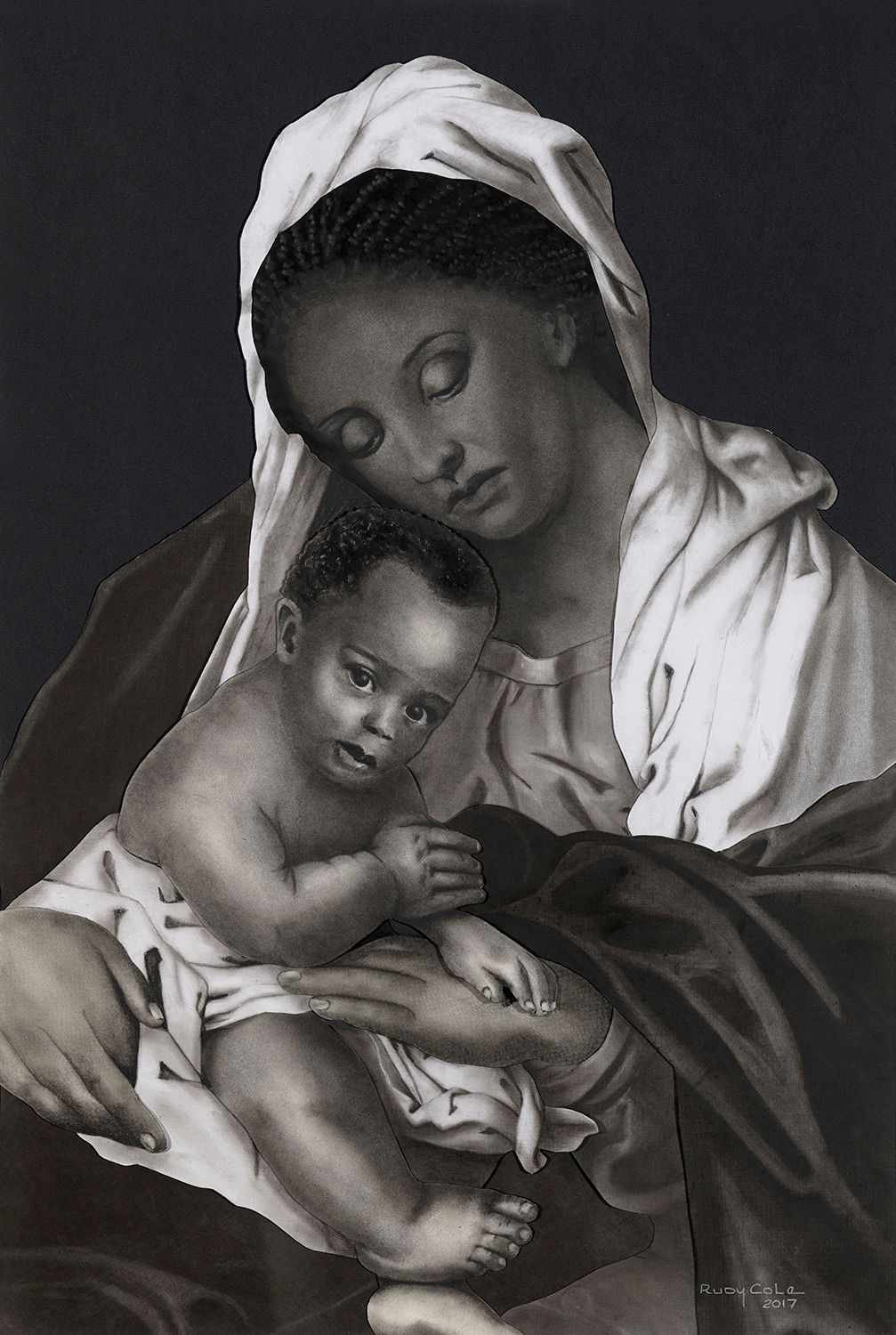 A mother of color holds her child in the classic madonna pose. Various papers cut into collage and detailed in charcoal.