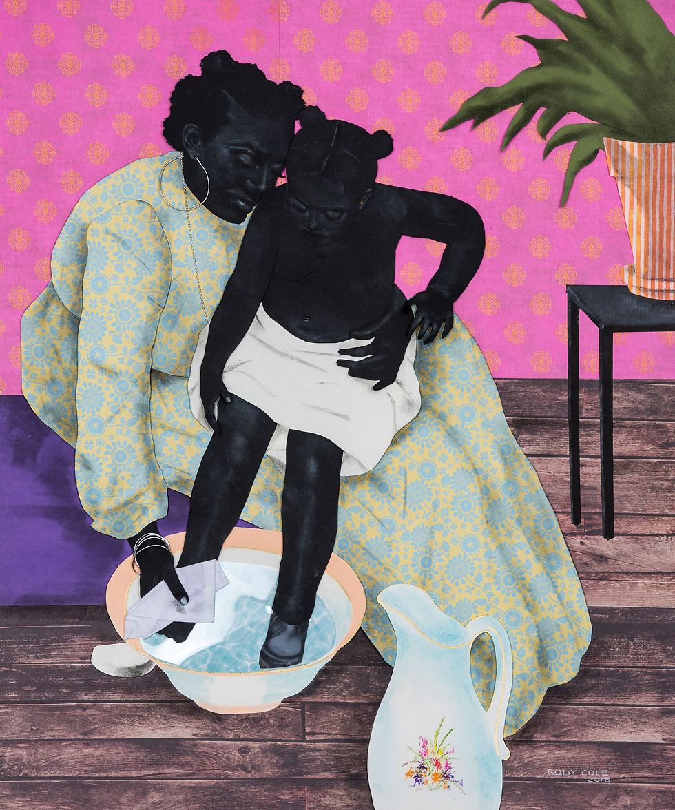 A mother washes her child’s feet. Various papers cut and formed into collage and detailed with charcoal.