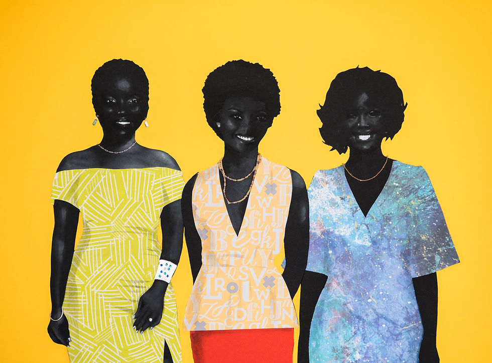 Three fashionistas show off their style. Various papers cut and formed into collage and detailed with charcoal.