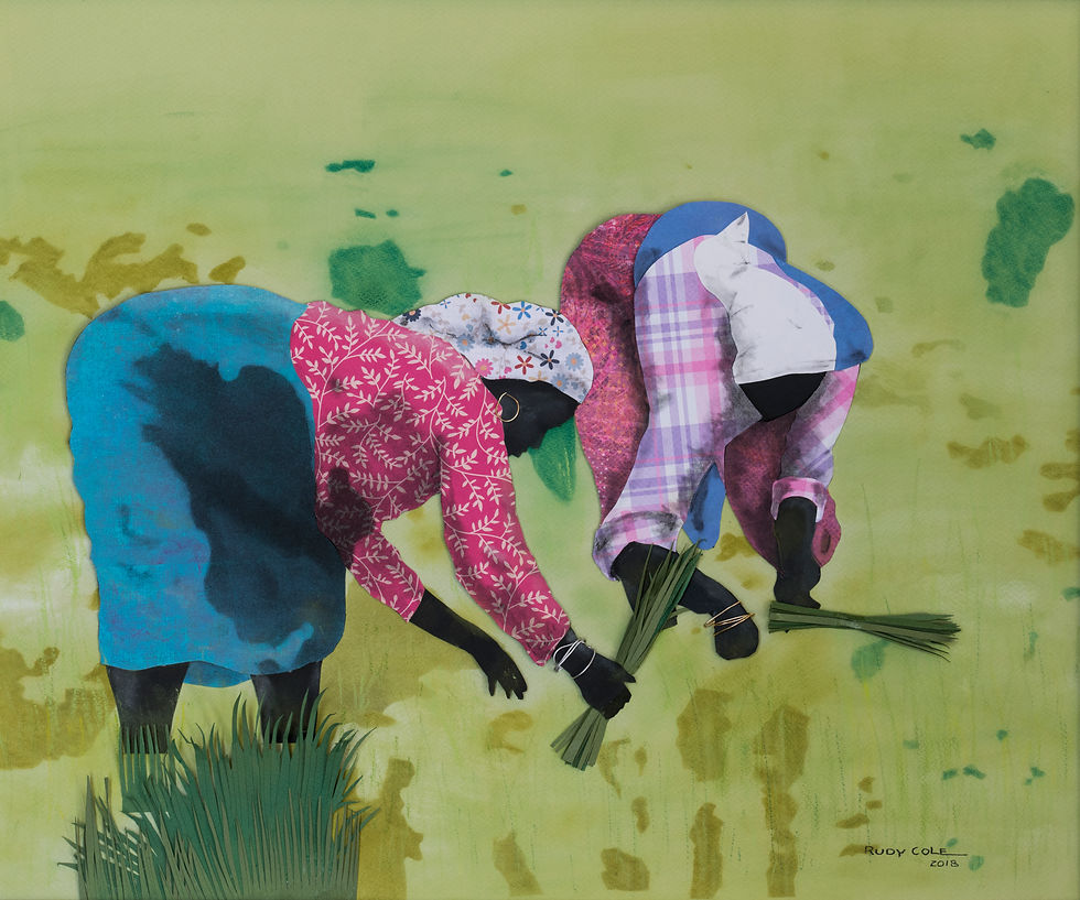 Two workers in a field. Various papers cut and formed into collage and detailed with charcoal.