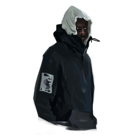 Digital painting of a male model wearing a black jacket with white hood