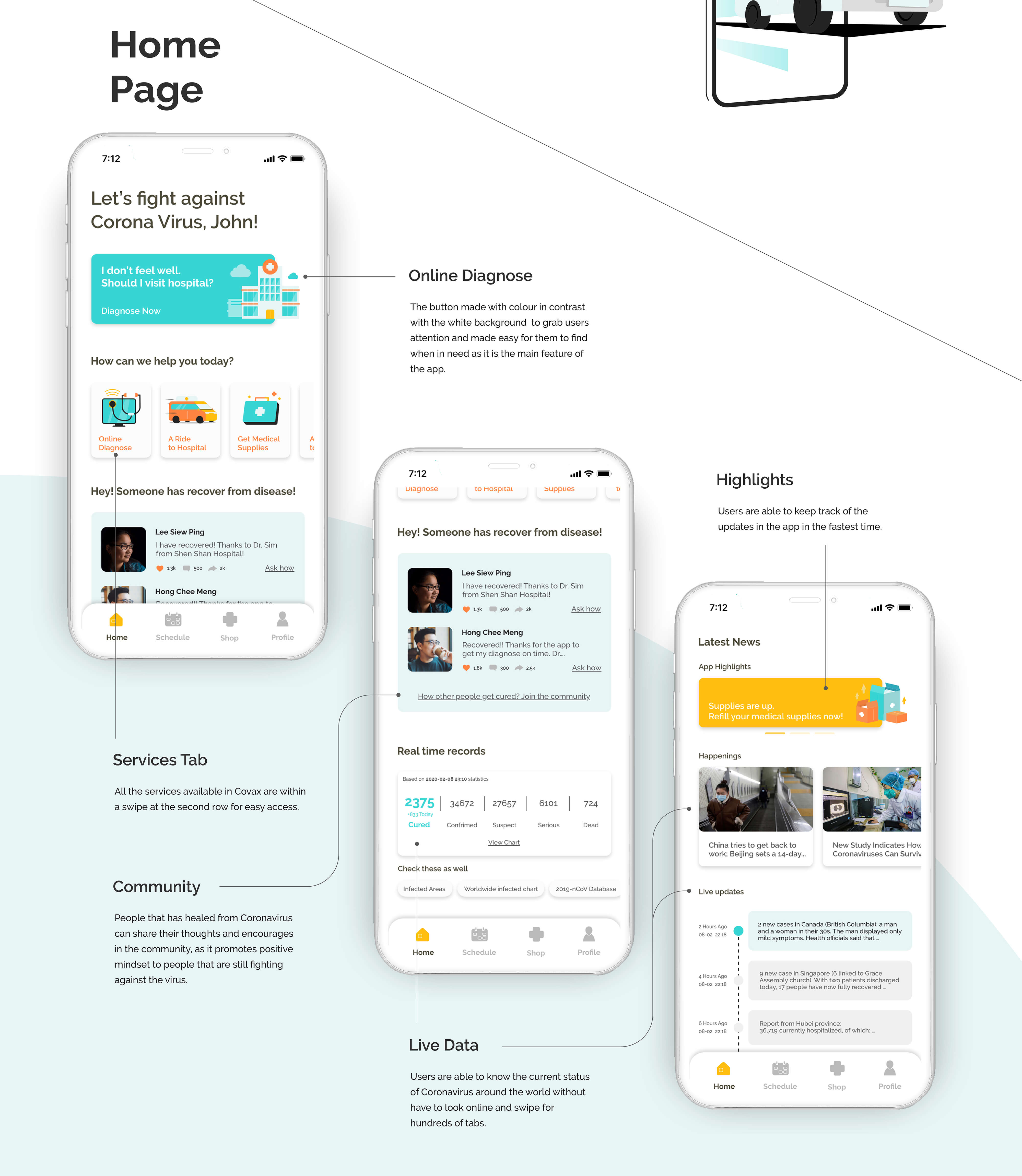 Phone mock up of the homepage of the app which majority in teal and yellow colour