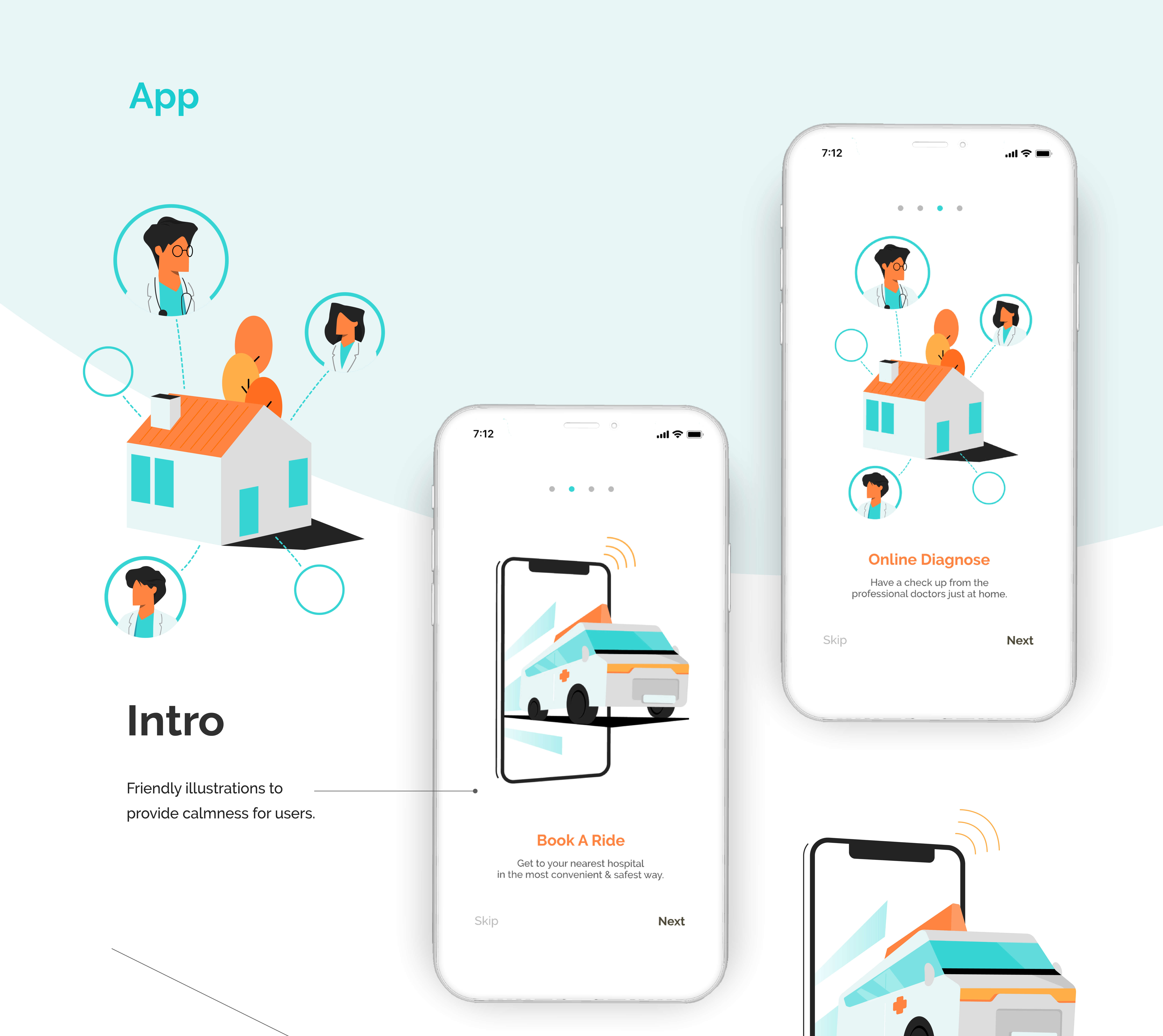 Phone mock up of the app intro with graphics of a house and ambulance with text