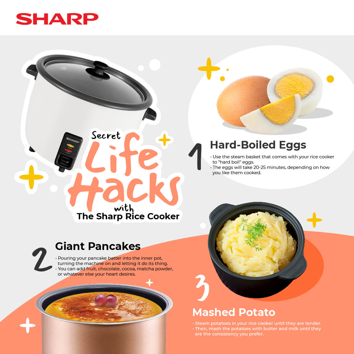 Sharp Rice Cooker life hacks with boiled egg, pancakes and mashed potato