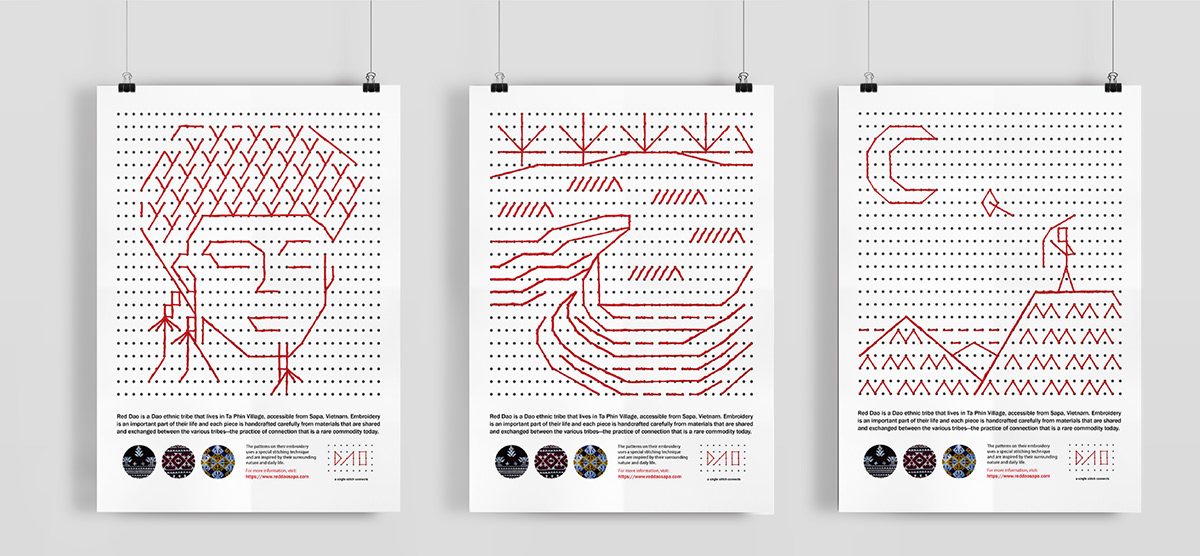 Mock up of DAO poster with graphics illustrated with red stitches