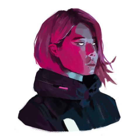 Digital painting of a female model wearing techwear from ACRONYM with pink light on the face