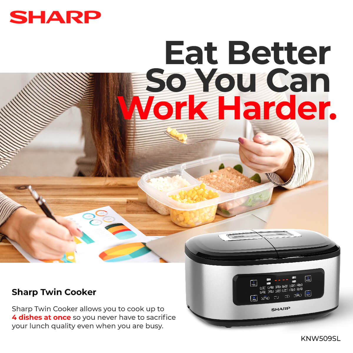 Sharp Twin Cooker image with a girl eating lunch box and doing work