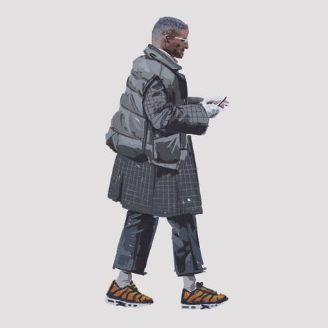 Digital painting of a man wearing grey jacket holding a phone while walking