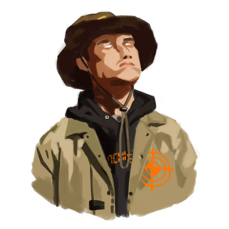 Digital painting of a male model looking at the sky wearing black hoodie with green overlay jacket and a camping hat