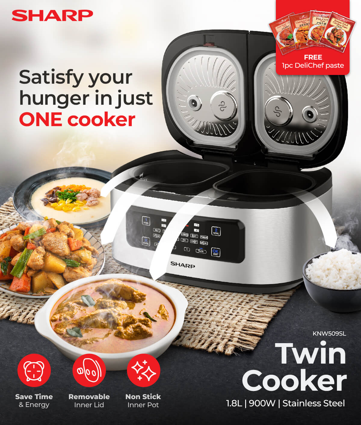 Sharp Twin Cooker with 1 rice and 3 dishes around it