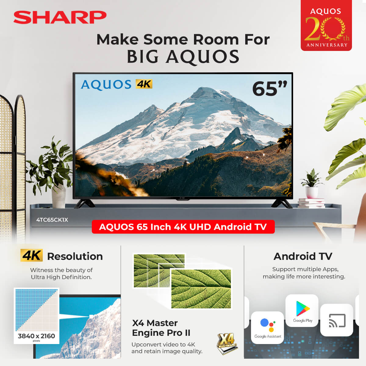 Sharp TV with mountain in the screen and 3 highlighted feature at the bottom which is "4K Resolution", "x4 Master Engine Pro II" & "Andriod TV"