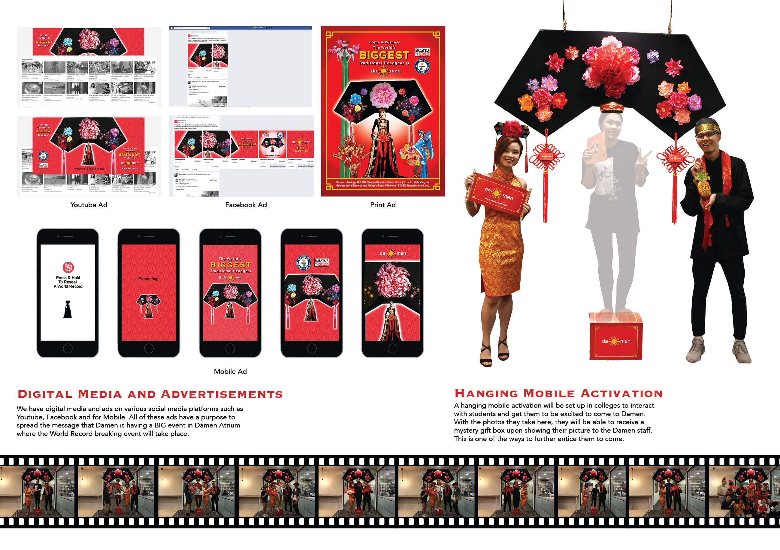 Moodboard of the project "Da Men The World's Biggest Headgear" showing how our campaign will appear in social media like, Facebook and Youtube.