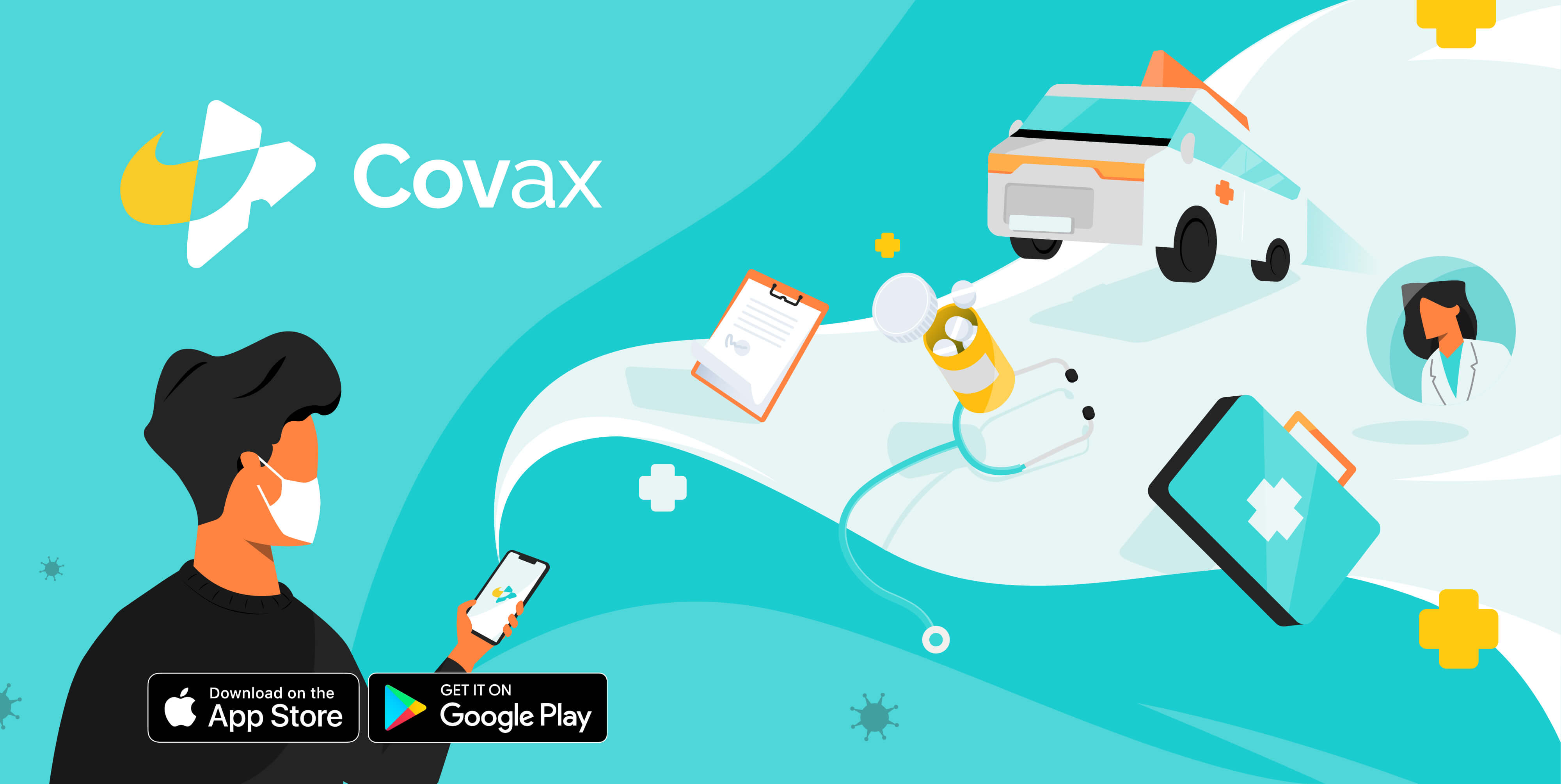 Graphic of a person holding a phone and items come out of the phone, like ambulance, first-aid, medicine and etc