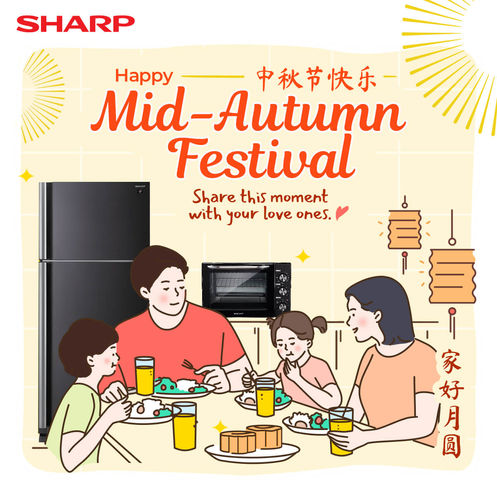 Mid Autumn Festival graphic cartoon family dining in the kitchen with real image of Sharp refrigerator and microwave in the background