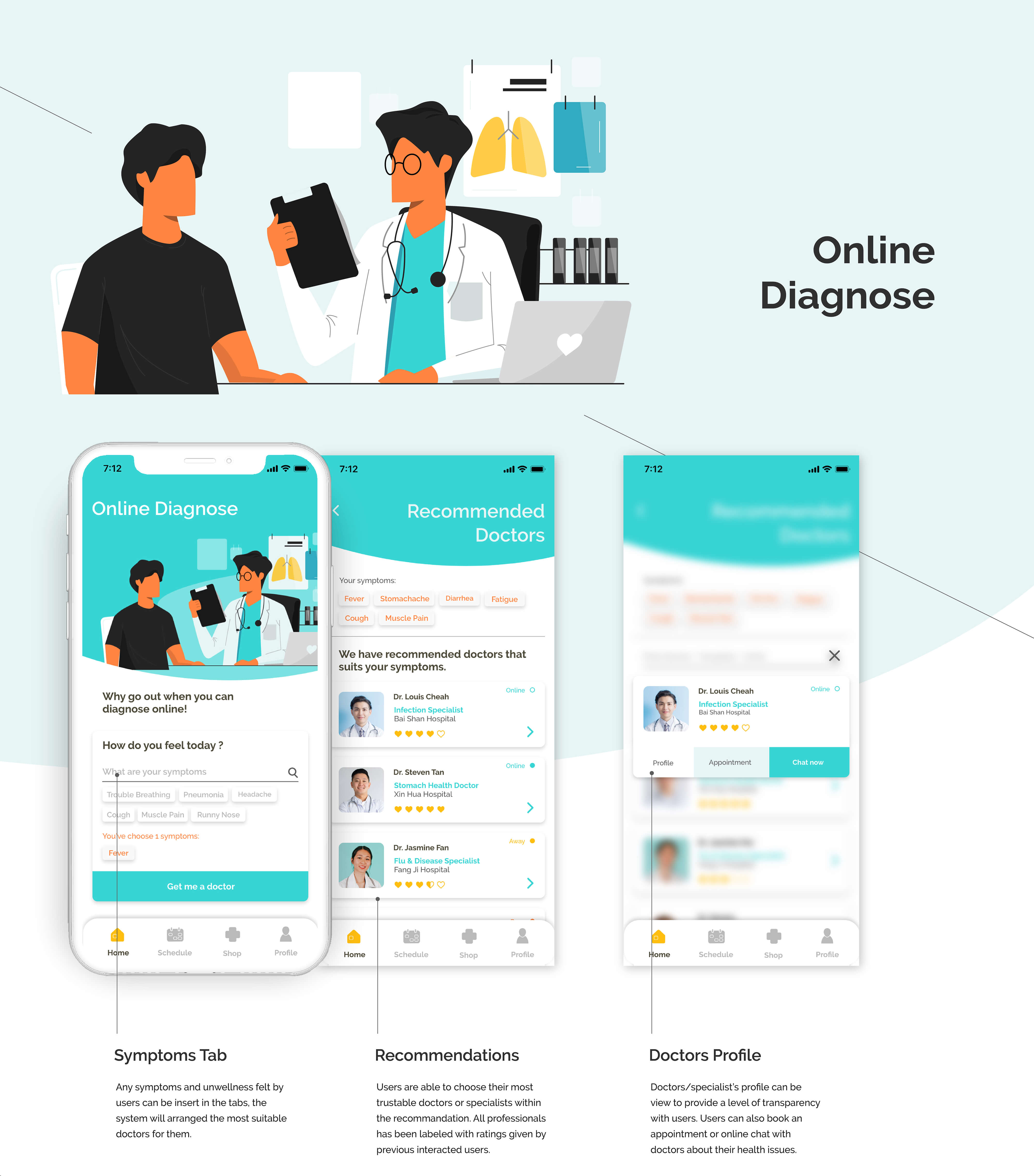 Phone mockup of online diagnose in the app, with a graphic of a male patients and a male doctor