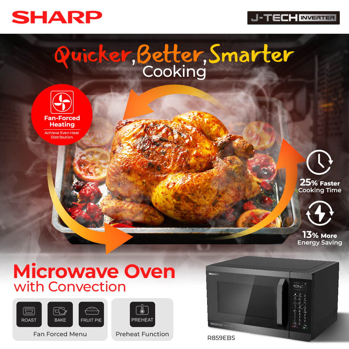 Sharp Microwave Oven with grilled chicken on the tray with smoke
