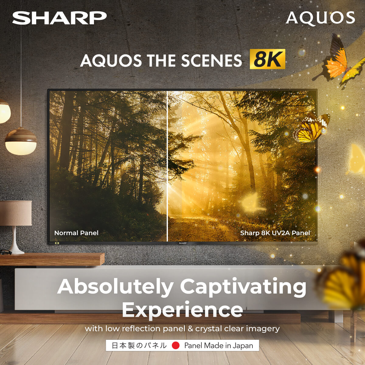 Sharp TV with golden butterfly come out of the screen